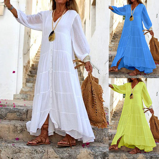 Women's Solid Color V-neck Loose Long-sleeved Cotton Linen Dresses