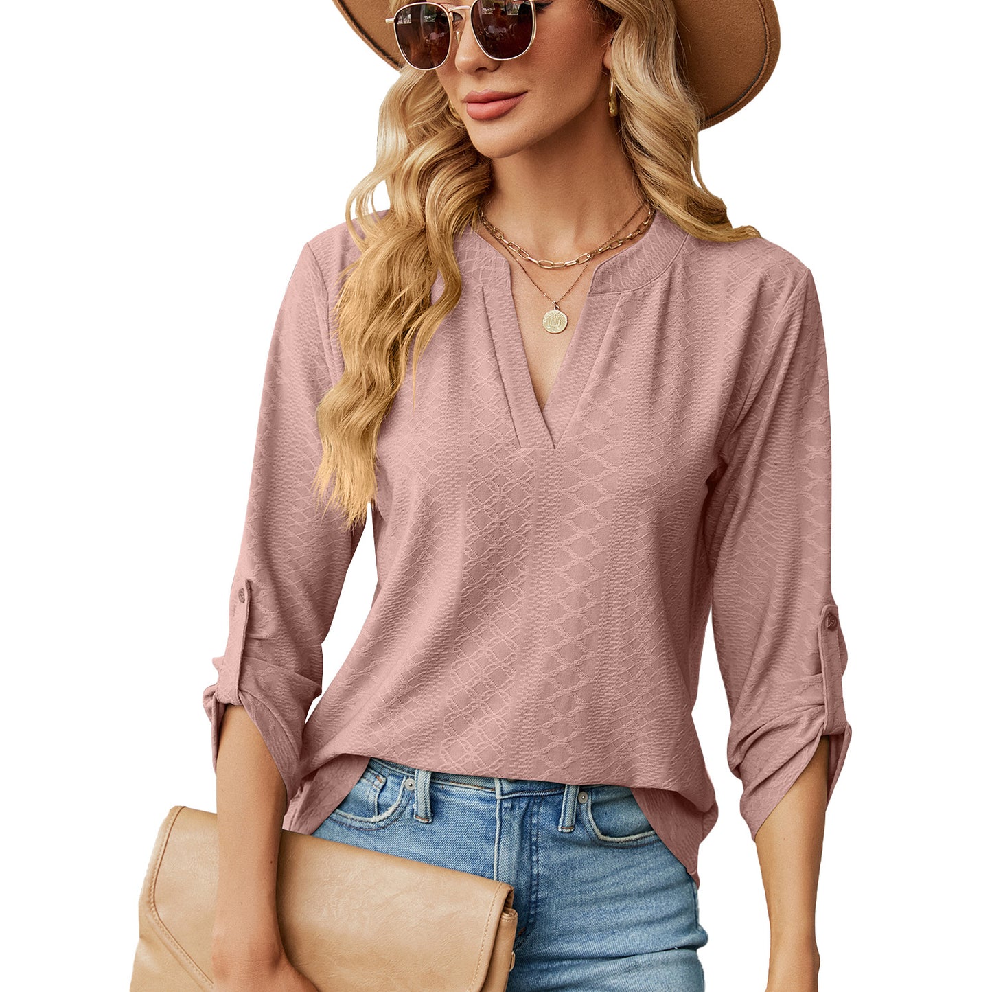 Women's Color And Three-quarter Sleeve Button Loose-fitting Blouses