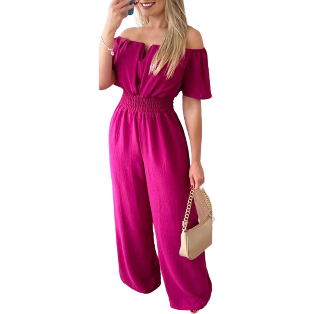 Women's Off-neck Waist Trimming Loose Straight Collar Jumpsuits