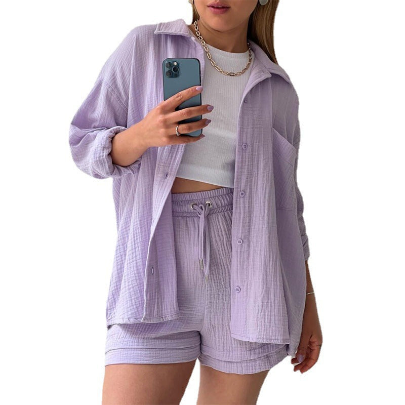 Women's Lapel Long Sleeve Shirt High Waist Drawstring Fashion Suits