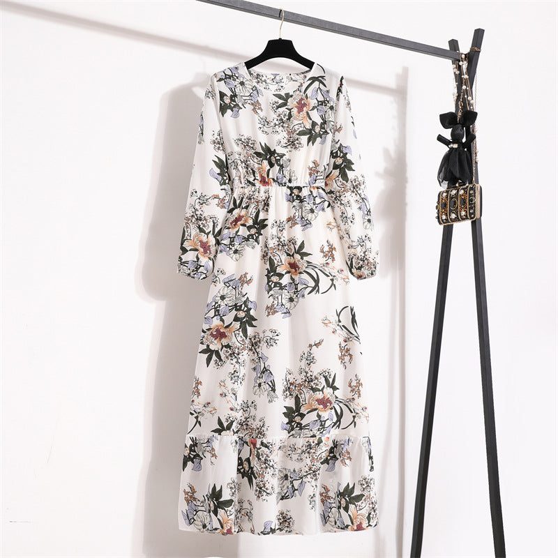 Women's High Waist Long Retro Chiffon Printed Floral Round Neck Dresses