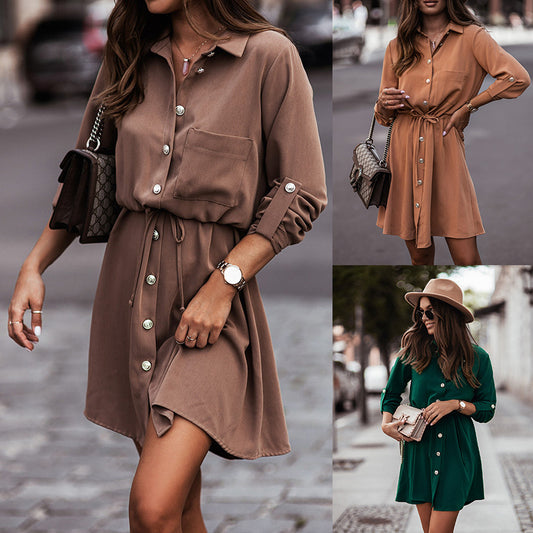 Color Waist Tight Button Rolled Sleeves Dresses