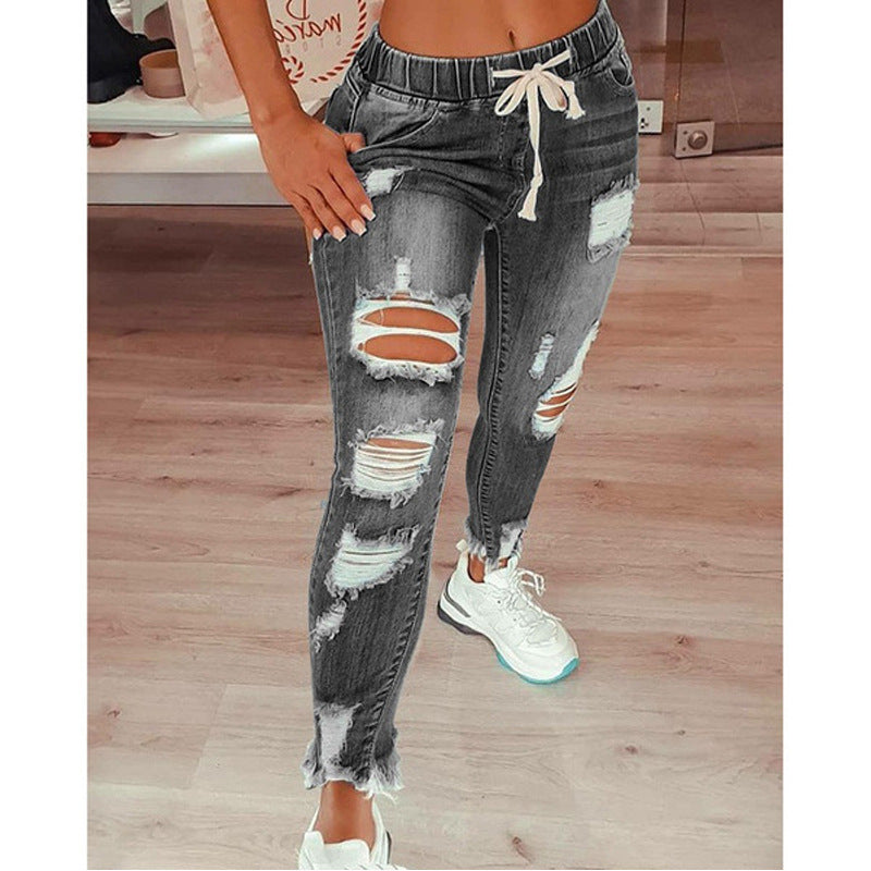 Women's Elastic Band Waist Lace Ripped Trousers Jeans