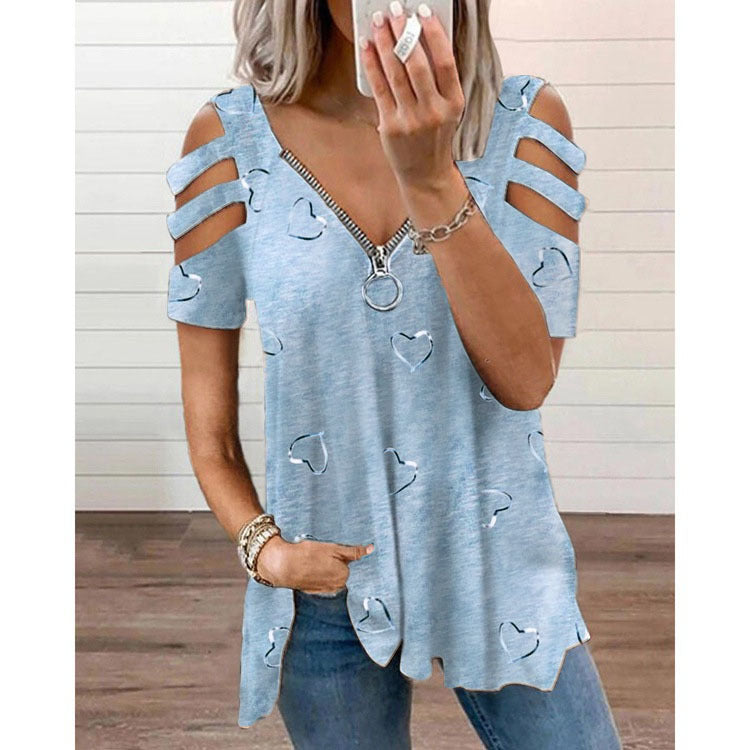 Women's Collar Zipper Print Sleeve Loose-fitting Casual Blouses