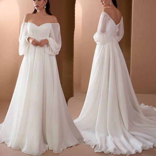 Women's Off-the-shoulder Formal Slim-fit Solid Color Dress Wedding Dresses