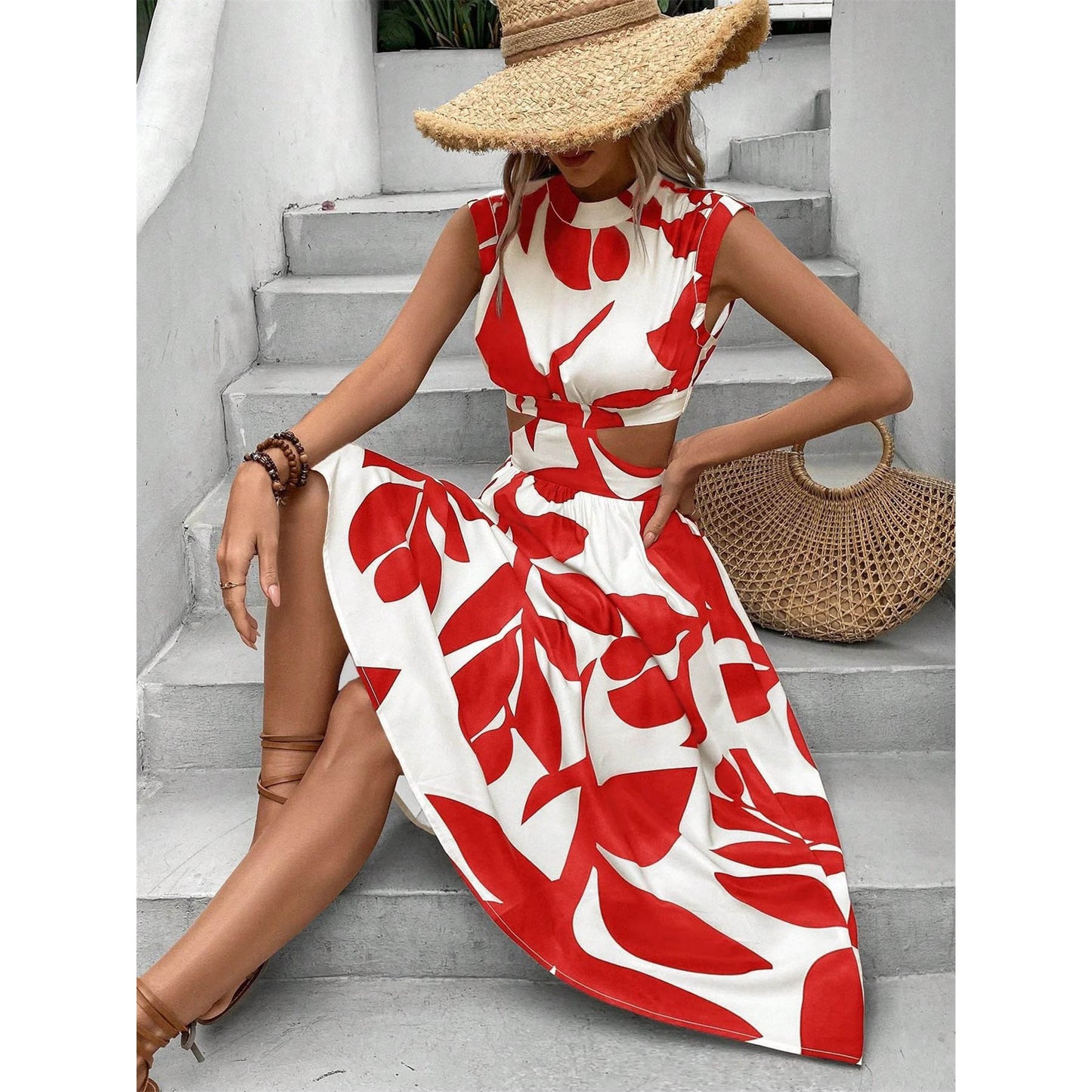 Women's Summer Round Neck Sleeve High Waist Dresses