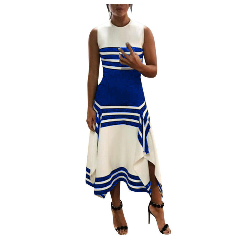 Fashion Round Neck Sleeveless Striped Printed Elegant Stitching Dresses