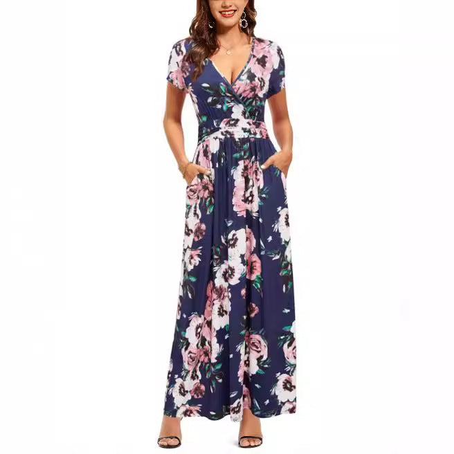 Women's Printed Chest Wrap Sleeve Pocket Dress Dresses