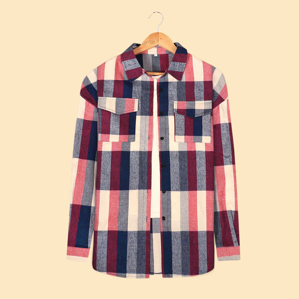 Women's Long-sleeved Plaid Button Shirt With Full Blouses