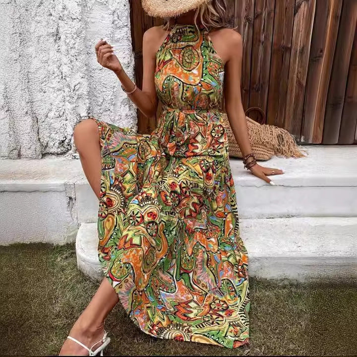 Women's Autumn Vintage Print Halter Bohemian Dress Clothing