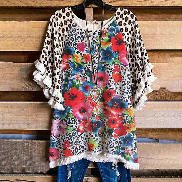 Women's Ruffle Sleeve Round Neck Multicolor Printing Blouses