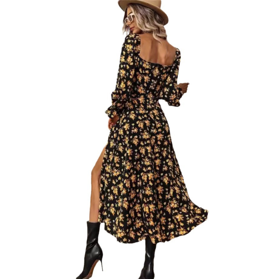 Women's Autumn Floral Slit Dress Girdle Elegant Dresses