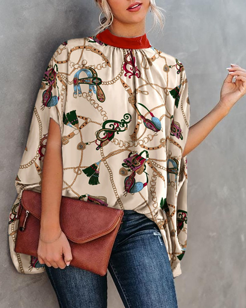 Women's Summer Casual Fashion Printing Split Batwing Blouses