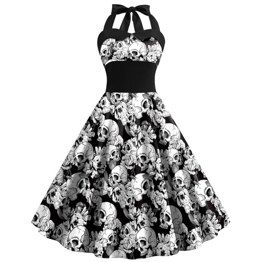 Women's Dress Skull Cobweb Printed Tied Shoulder Dresses