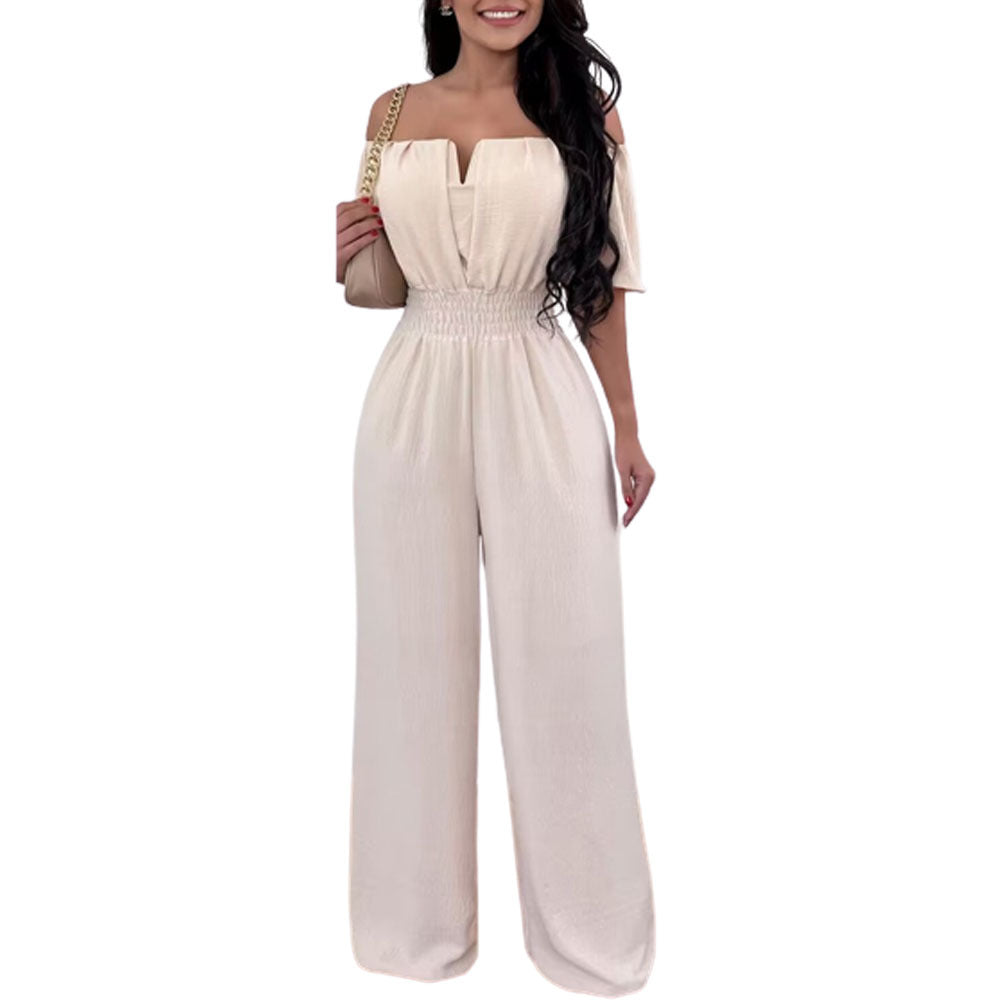 Women's Off-neck Waist Trimming Loose Straight Collar Jumpsuits