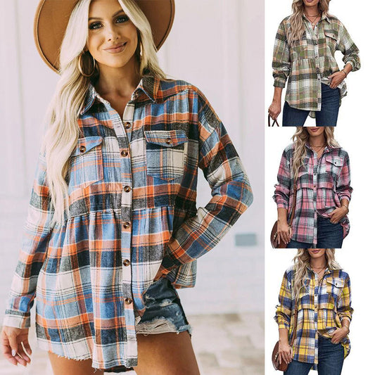 Women's Lapel Long Sleeve Pocket Casual Plaid Tops