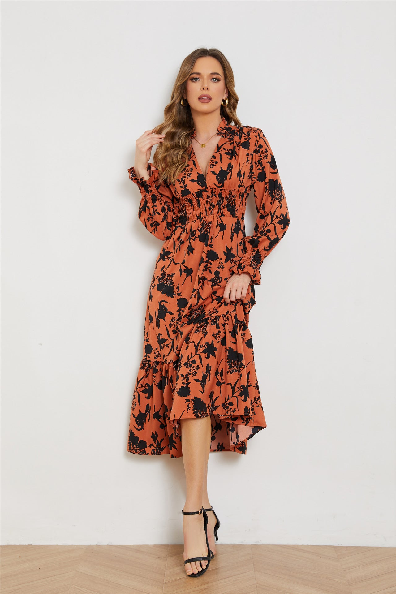 Women's Long Sleeve High Waist Floral Dress Dresses