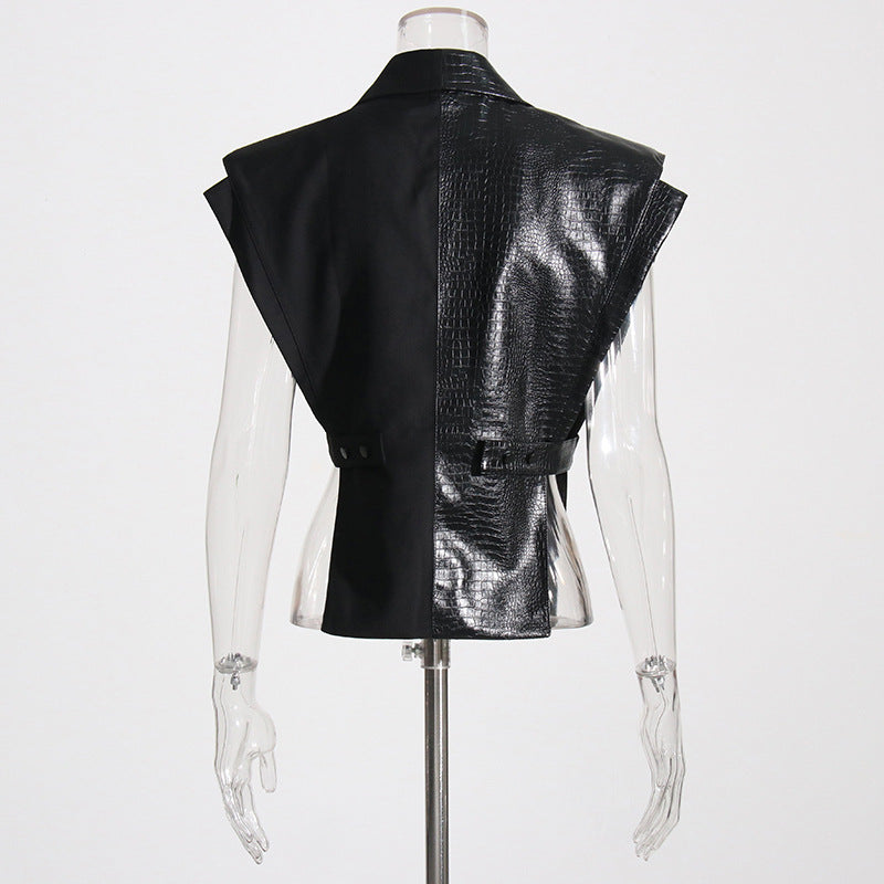 Pattern Leather Stitching Fabric Personality Cut Stylish Vests