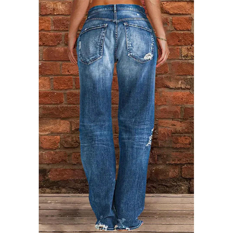 Women's Denim Trousers Trendy Mid Waist Ripped Pants