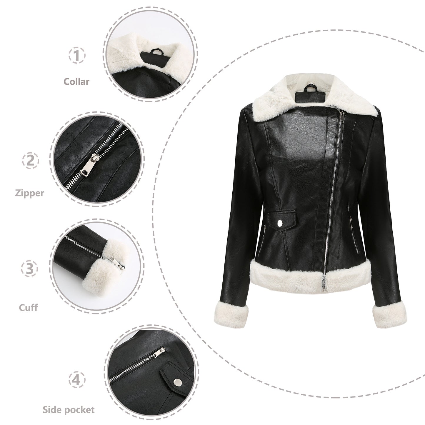 Women's Fleece Leather Warm Long Sleeves Collar Coats