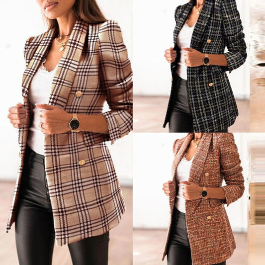 Women's Long Sleeve Double Breasted Slim Print Blazers