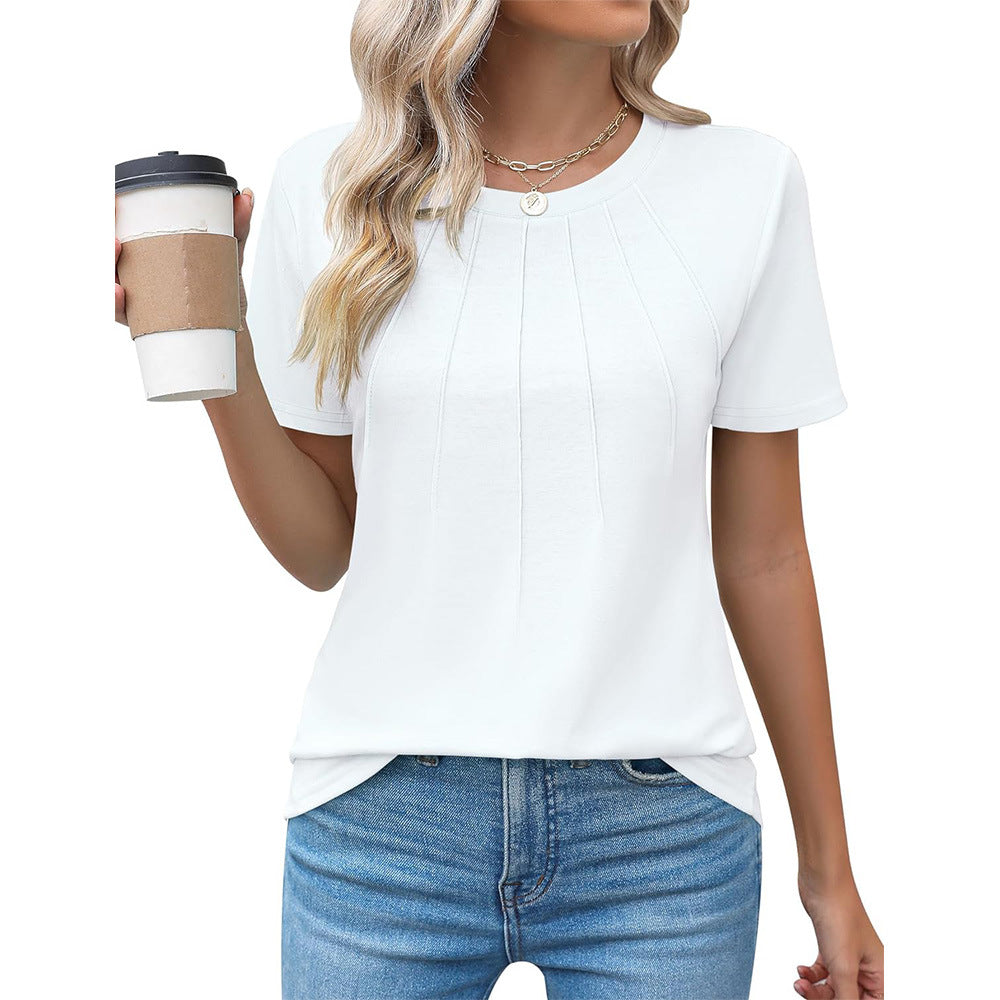 Women's Pleated Round Neck Short-sleeved T-shirt Blouses