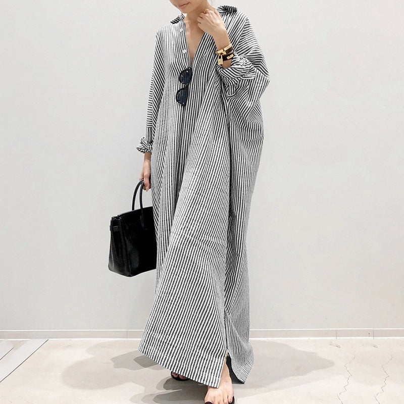 Women's Linen Stripes Shirtdress Long Sleeve Loose Dresses