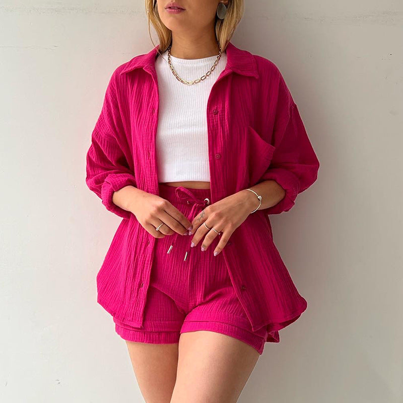 Women's Lapel Long Sleeve Shirt High Waist Drawstring Fashion Suits