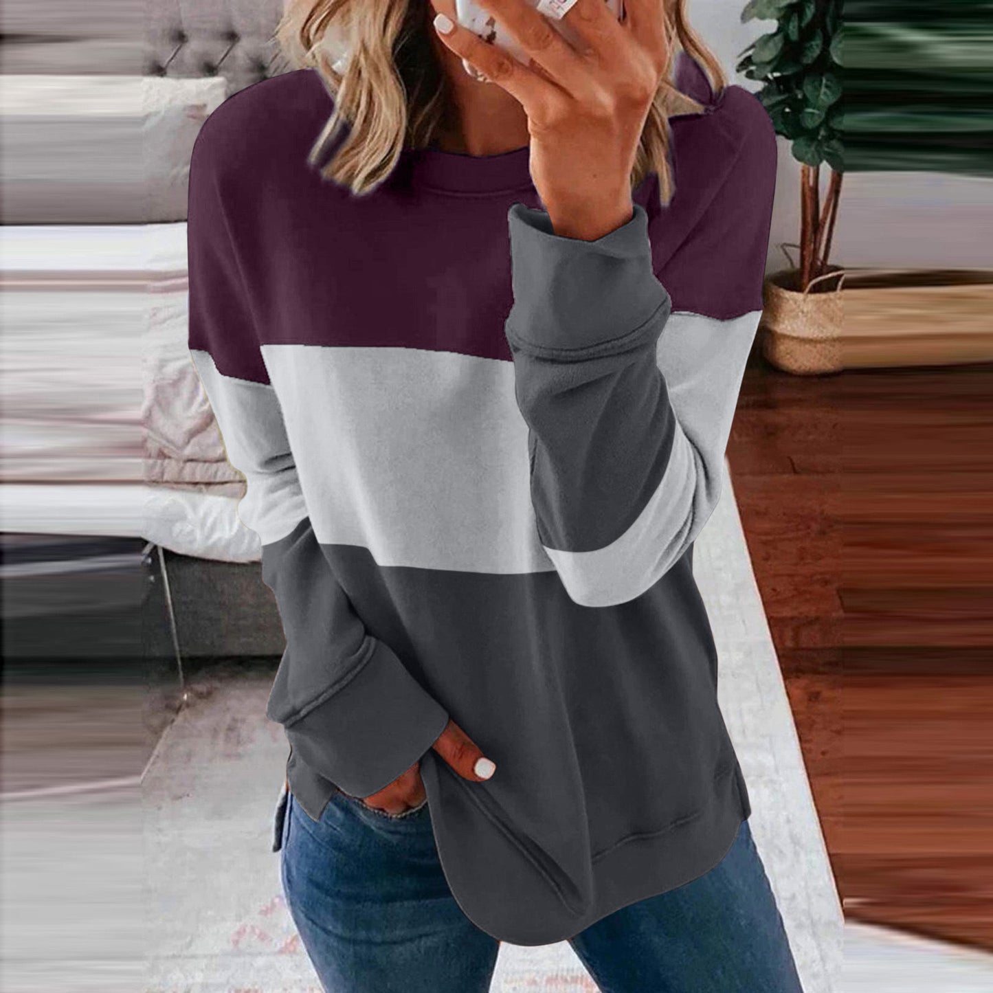 Women's Color Matching Contrast Casual Loose Pullover Blouses