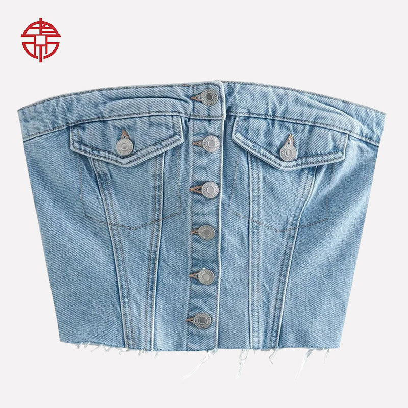 Women's Smocking Slim Fit Fashion Denim Tops