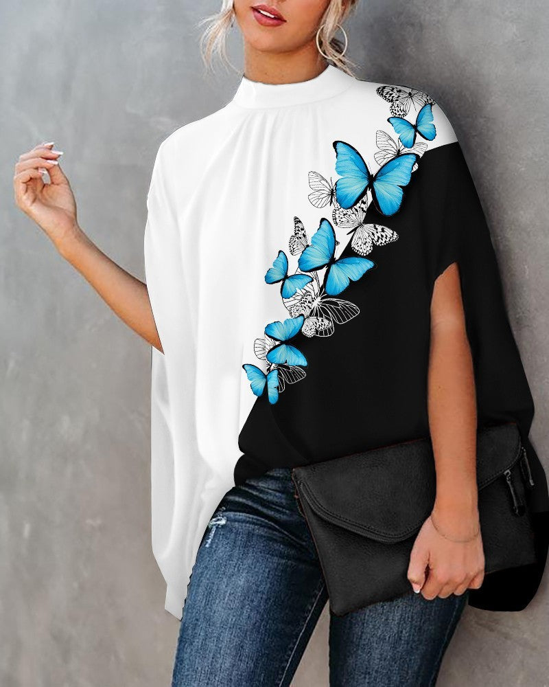 Women's Summer Casual Fashion Printing Split Batwing Blouses