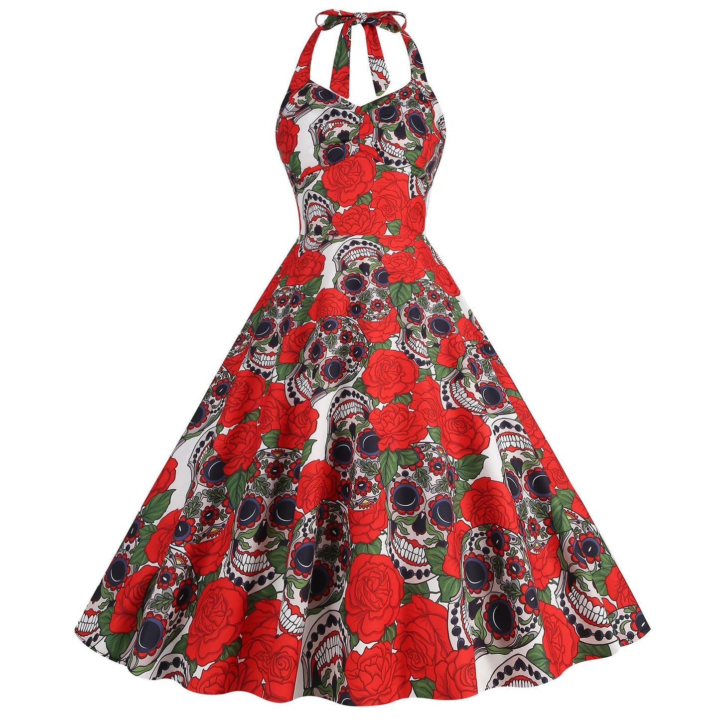 Women's Halloween Skull Print Contrast Color Halter Dresses