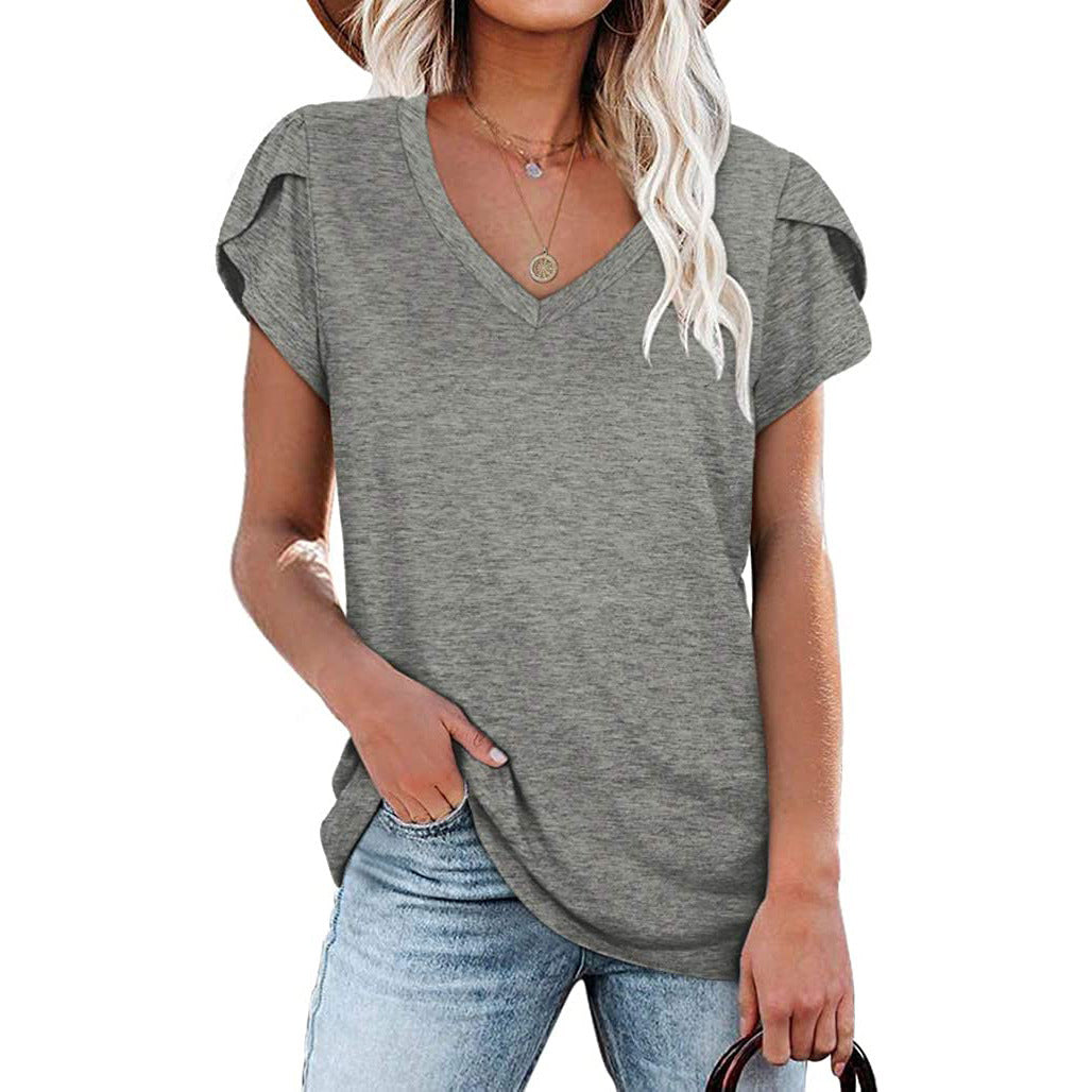 Women's Solid Color V-neck Short-sleeved T-shirt Loose Blouses