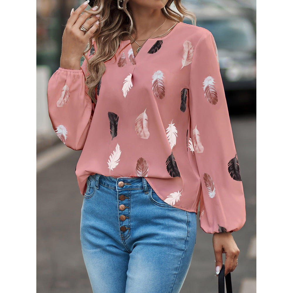 Women's V-neck Feather Print Long-sleeved Loose Blouses