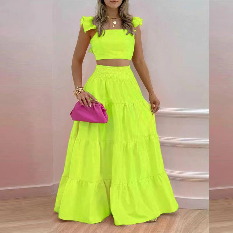 Summer Temperament Sexy Backless Solid Color Two-piece Sling Dresses