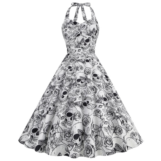 Women's Halloween Skull Print Contrast Color Halter Dresses