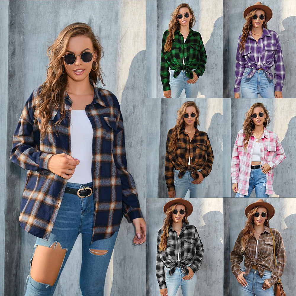 Women's Long-sleeved Plaid Button Shirt With Full Blouses