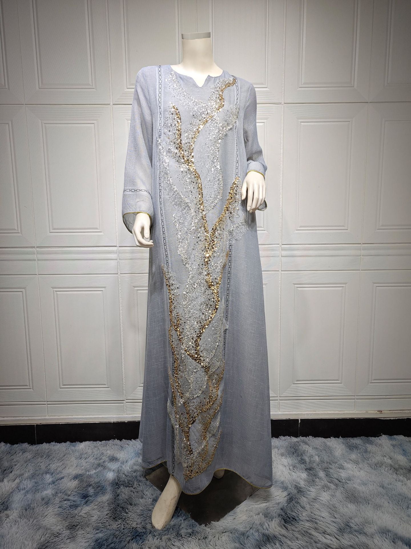 White Mesh Sequin Embroider Muslim Dress Saudi Clothing