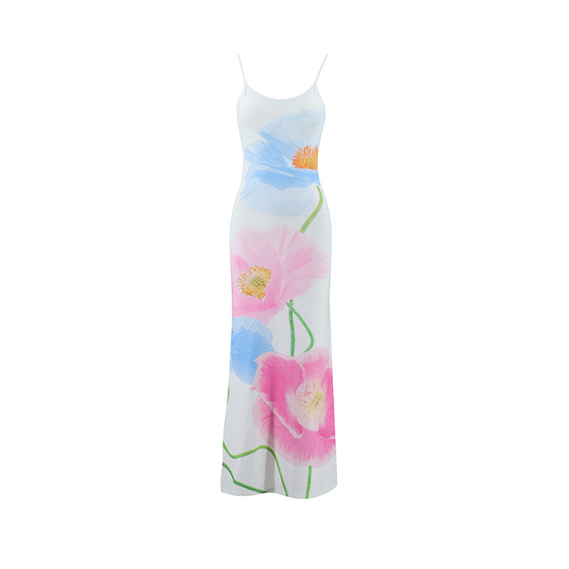 Women's Summer Sling Backless Slim Fit Flower Print Dresses