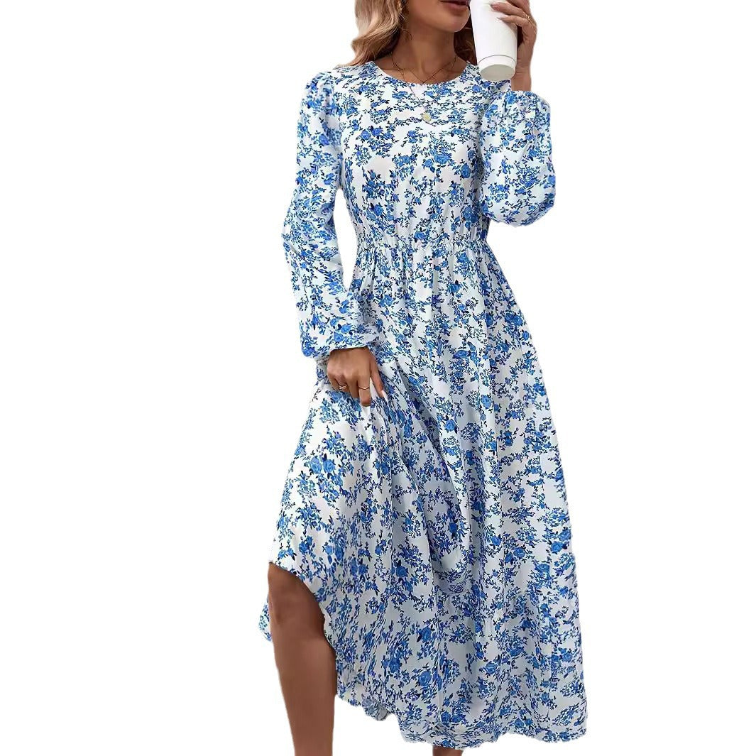 Women's Autumn Print Round Neck Long Sleeve Dresses