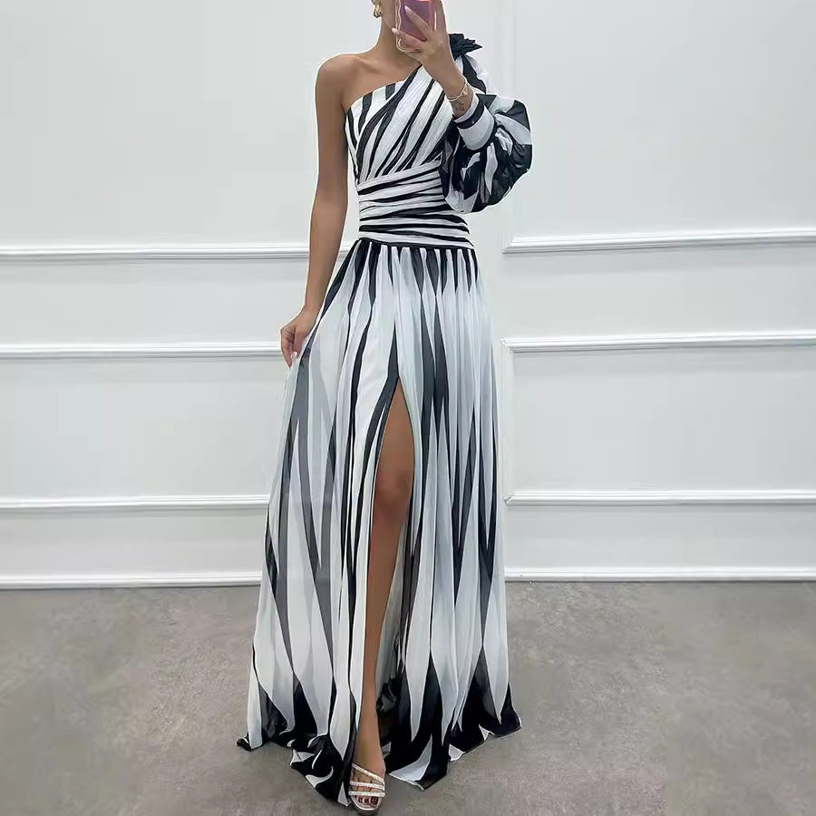 Print Slant Shoulder Slit Dress Casual Dresses