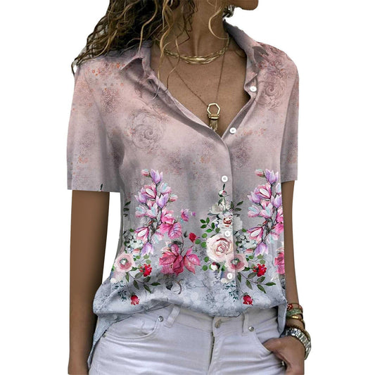 Women's Printed Short-sleeved Single-breasted Shirt Lapel Fashion Blouses