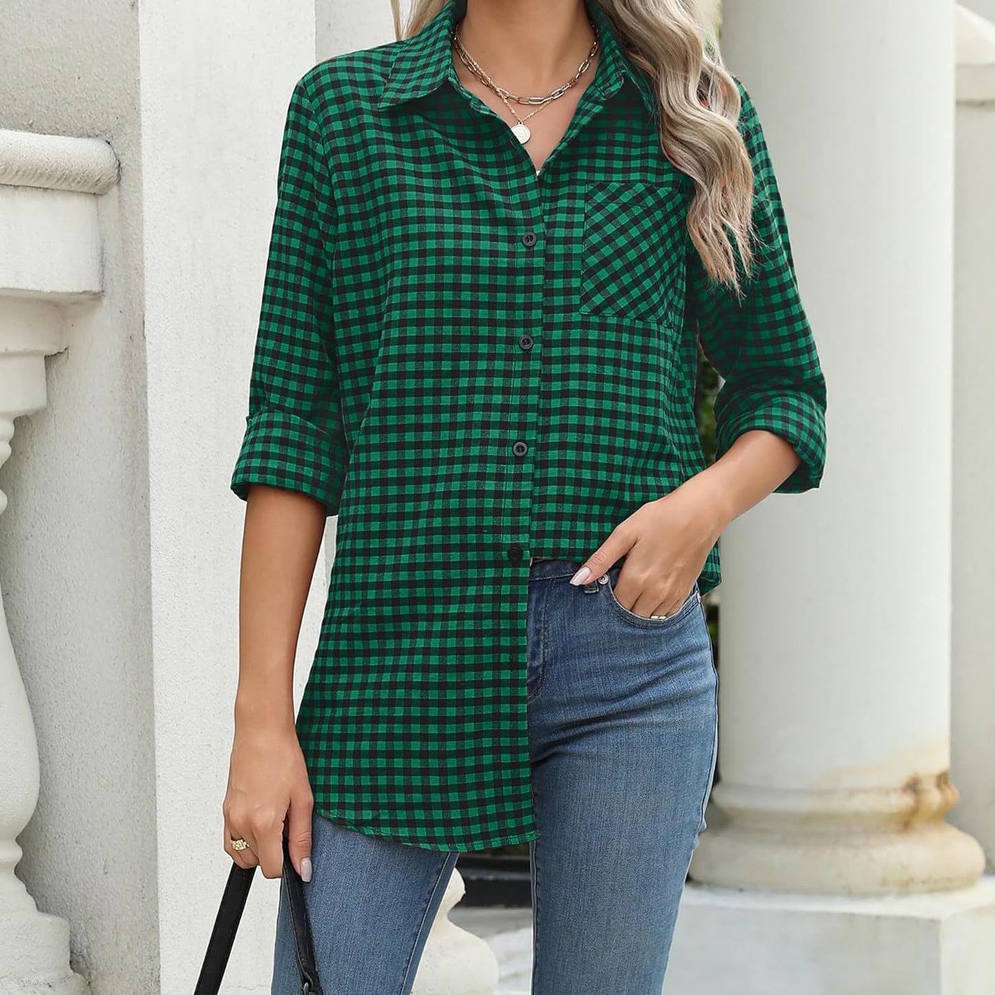 Women's Printed Plaid Shirt Lapel Loose Blouses