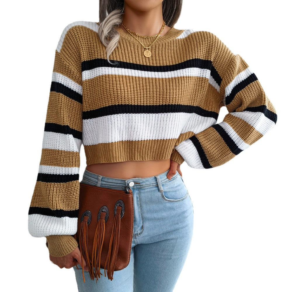 Women's Casual Striped Long Sleeves Cropped Knitted Sweaters