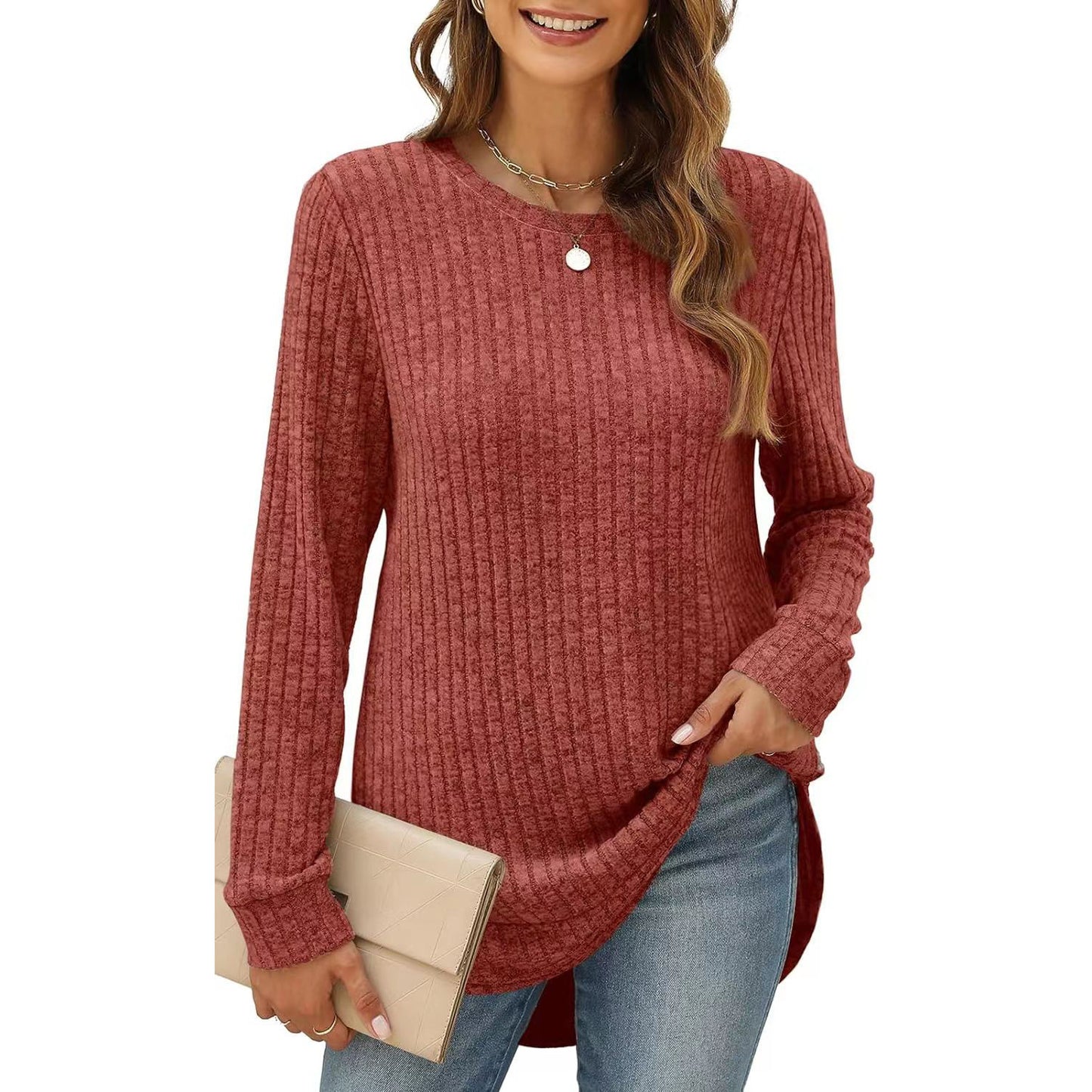 Women's Color Round Neck Long Sleeve Brushed Blouses