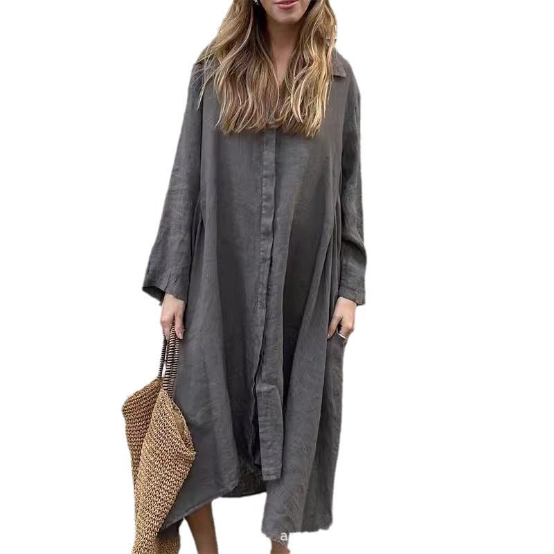 Women's Loose Solid Color Cotton Linen Dress Fashion Casual Dresses