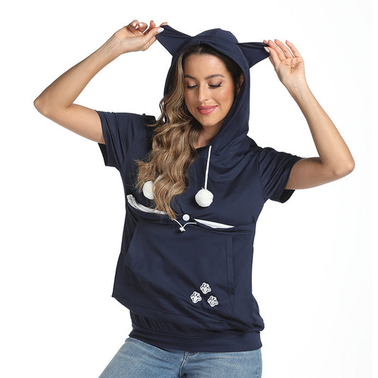 Large Pocket Sleeve Hooded T-shirt Fashion Blouses