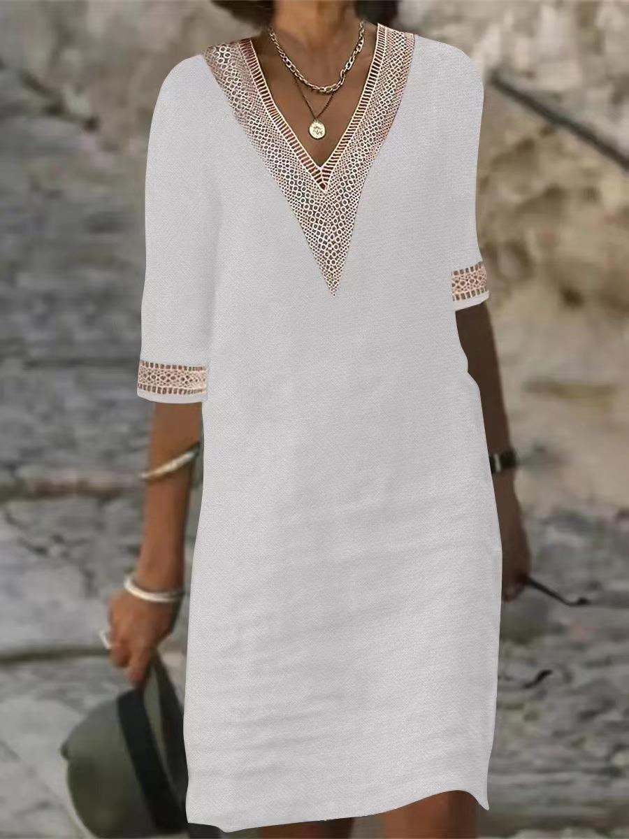 Women's Color Lace Edge Half Sleeve Cotton Dresses