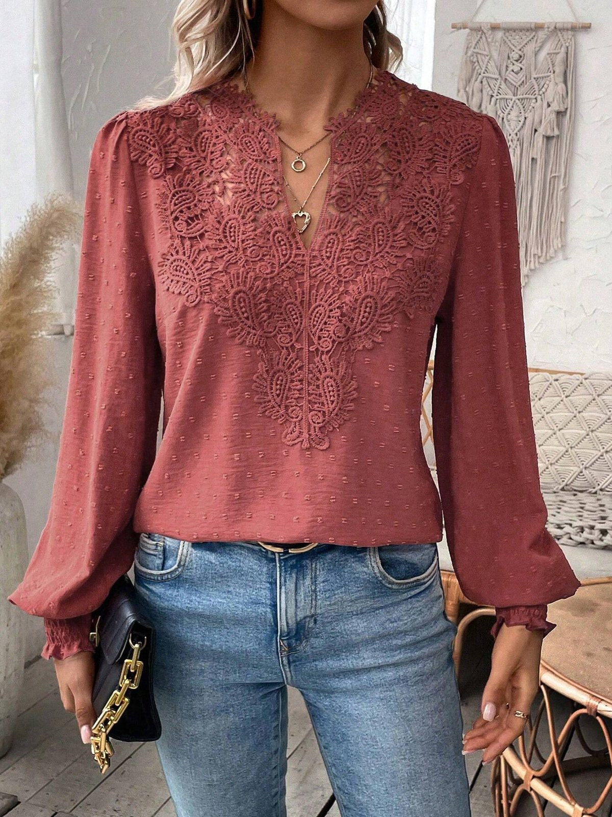 Women's Autumn Lace Stitching Solid Color Shirt Blouses