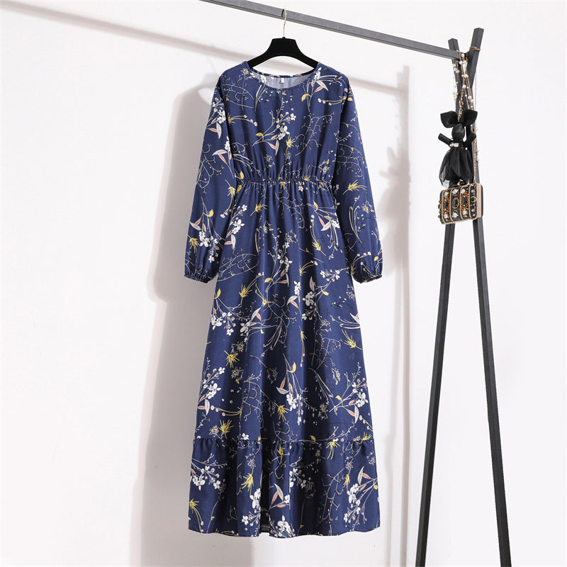 Women's High Waist Long Retro Chiffon Printed Floral Round Neck Dresses